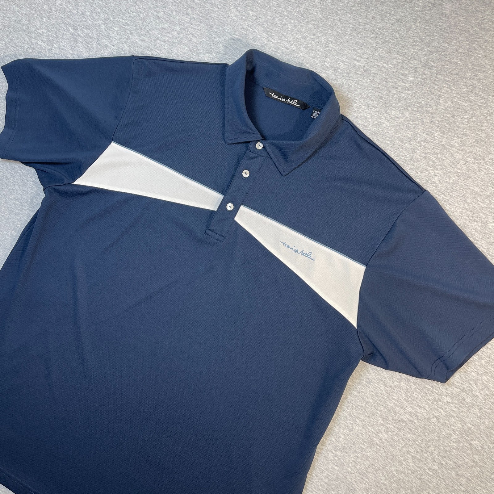Travis Mathew Shirt Mens 2XL XXL Navy Blue White Chest Stripe Golf Polo Core Cut