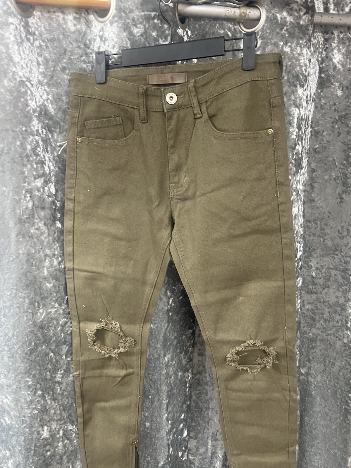 KDNK Comfort Stretch Men’s Green Skinny Denim Jeans Distressed Mid Rise