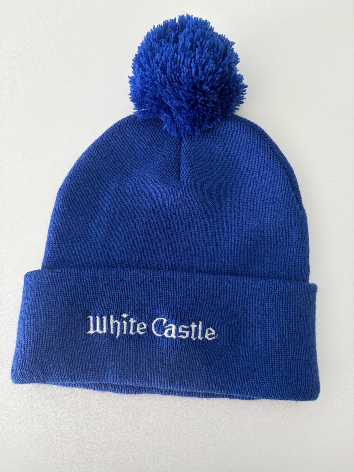 White Castle Blue Solid Beanie Hat w/ Pom Pom One Size Unisex Adults