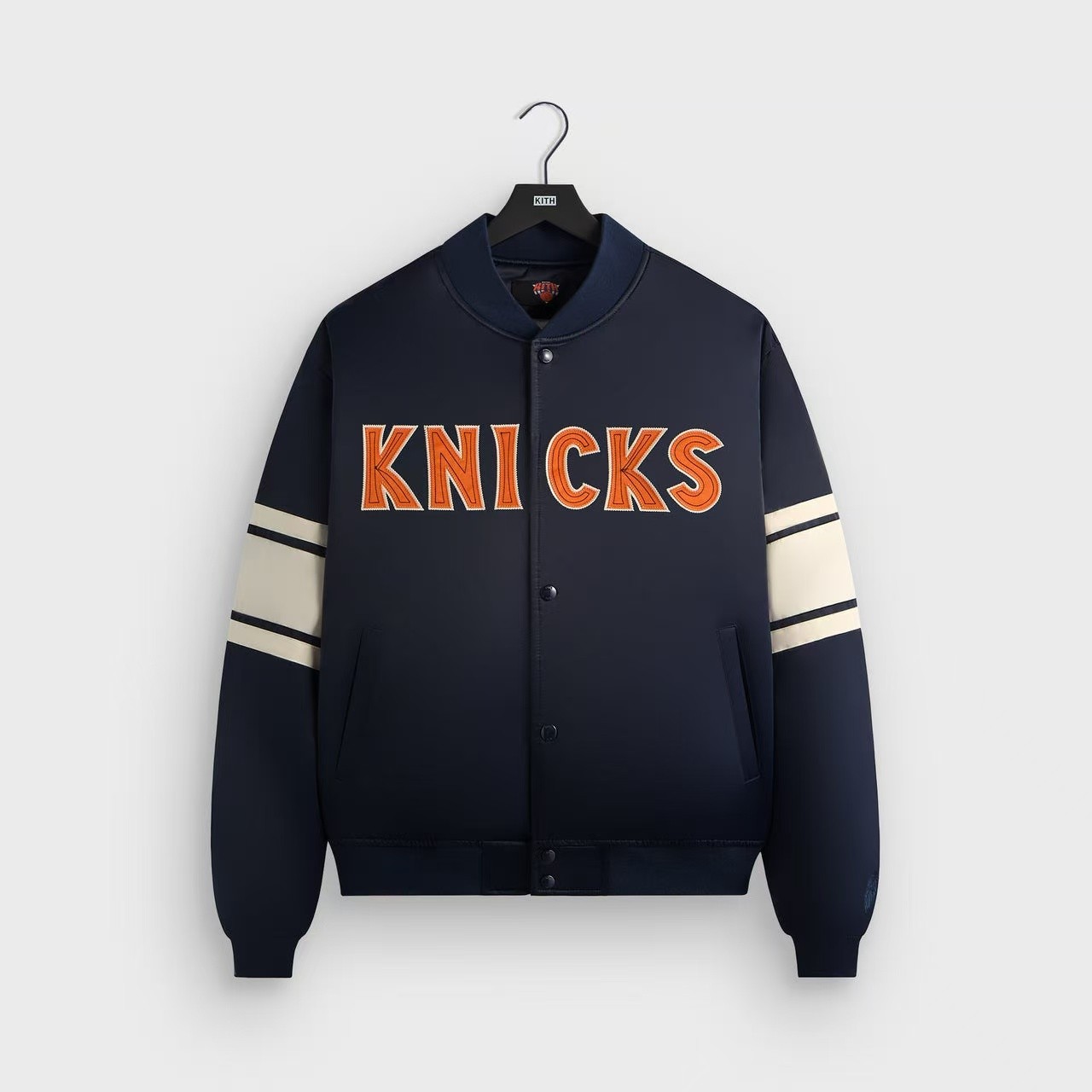 KITH x NY Knicks Satin Varsity Jacket Navy Orange