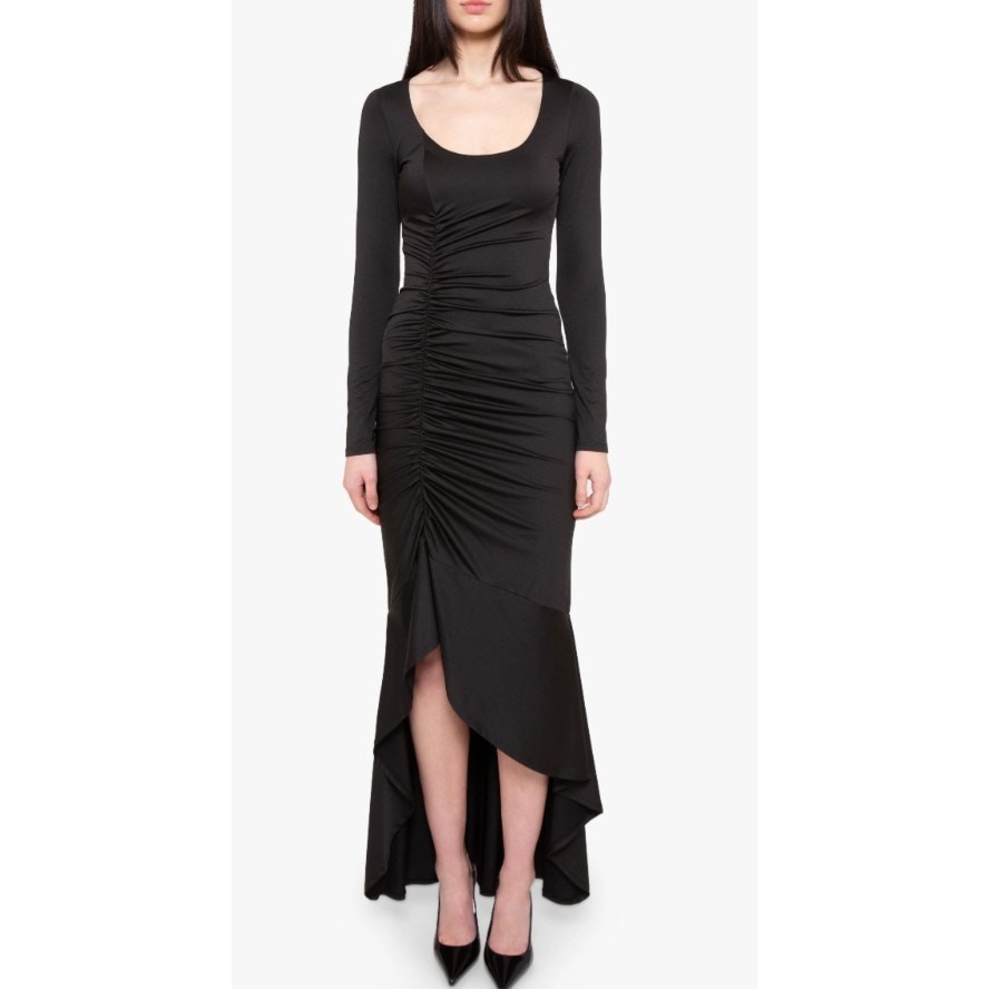 NEW BLACK HALO Atlanta Ruched Ruffle Long Sleeve Maxi Dress Size 6 Formal Gown