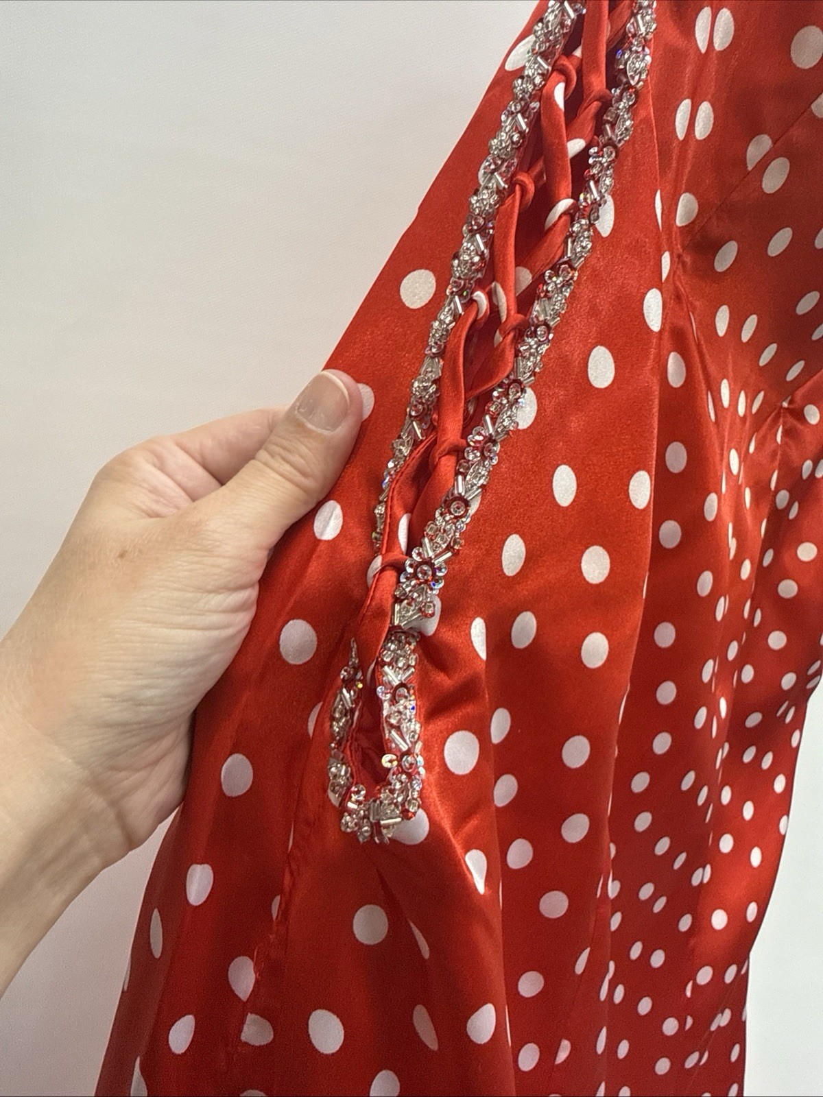 Mori Lee Formal Gown Maxi Dress Sz 13/14 Red White Polka Dot Beaded Sides LaceUp