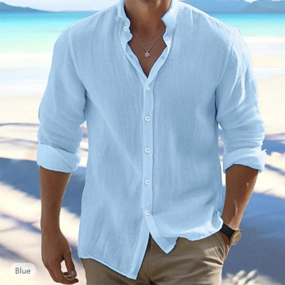 Linen Shirt Men Long Sleeve Casual Summer Beach Button Up Cotton Breathable Top