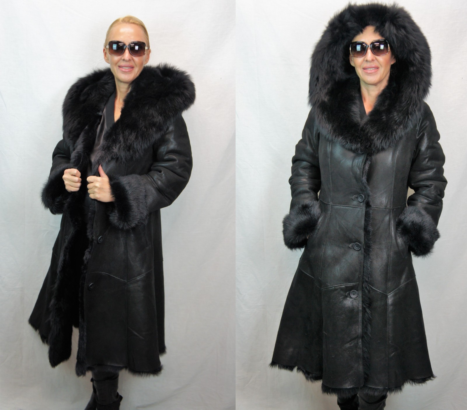 REAL 100% Sheepskin Shearling Leather Toscana Long Coat Hood DAKOTA BLACK XS-6XL