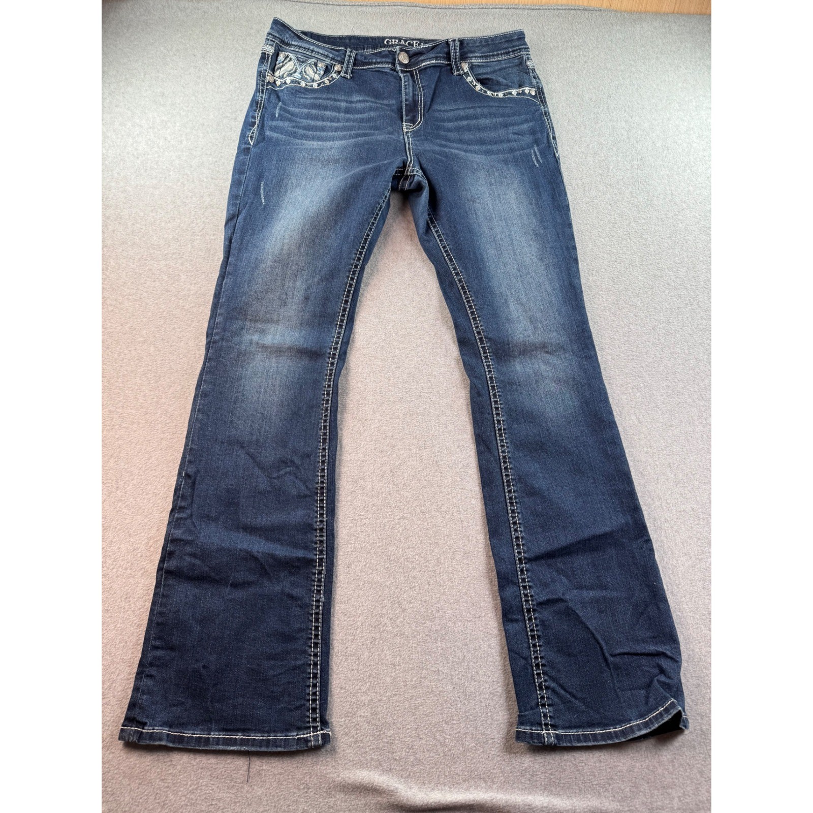 Grace in LA Easy Fit Embroidered Bootcut Jeans Dark Wash Size 34 Womens