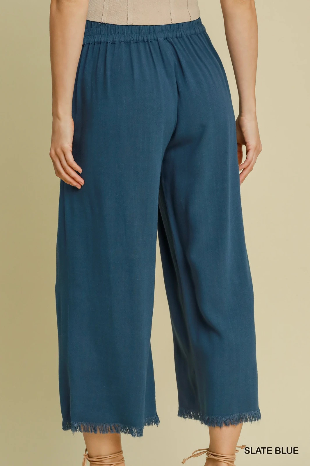 Umgee Navy Frayed Hem Wide-Leg Linen Blend Pants with Pockets