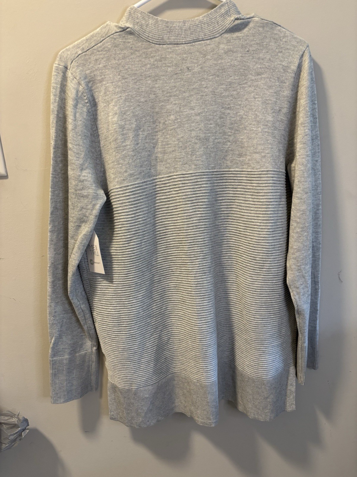 TIME and TRU Grey Heather Open Front Sweater Cardigan Side Slits Pockets L NWOT