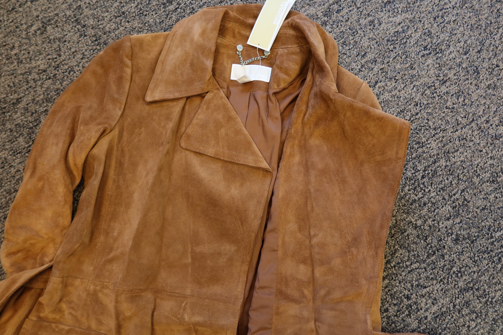 $695 New Michael Kors Calf Suede Buttonless Trench Coat – MEDIUM – Acorn Brown