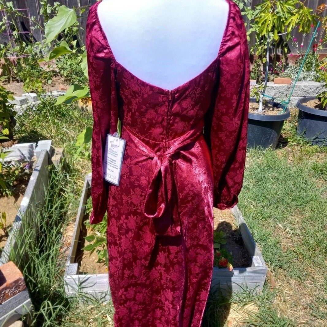 NWT B. Darlin Romantic Rose Print Satin Maxi Gown in Cherry Burgundy Size 1/2