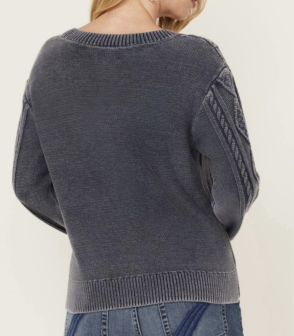Cleo + Wolf Clark Navy Acid Wash Chunky Cable Knit Pull Over Sweater Woman Small