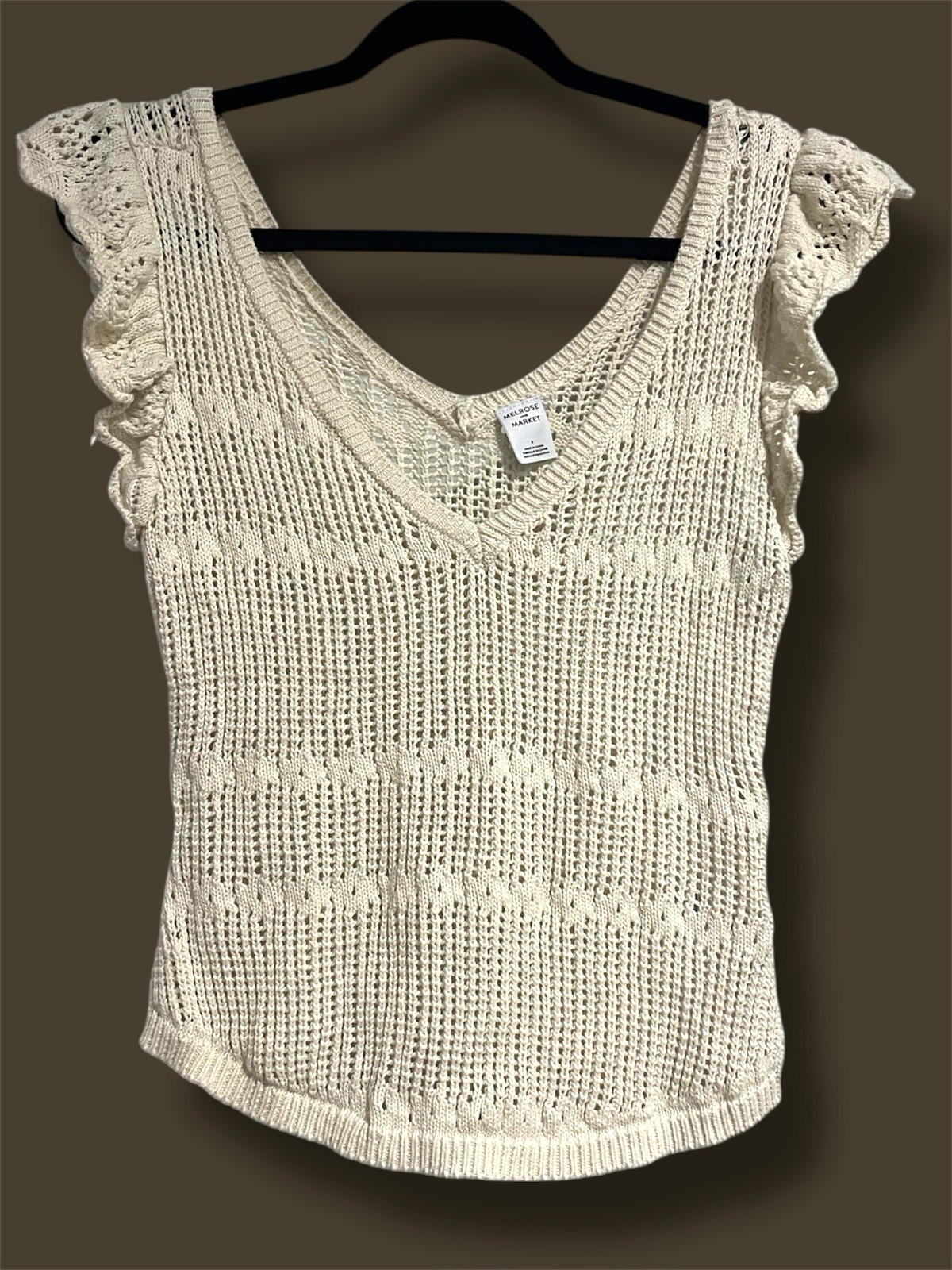 Melrose and Market Knit Cotton Ivory Flutter Sleeve Sweater Open stitch Small