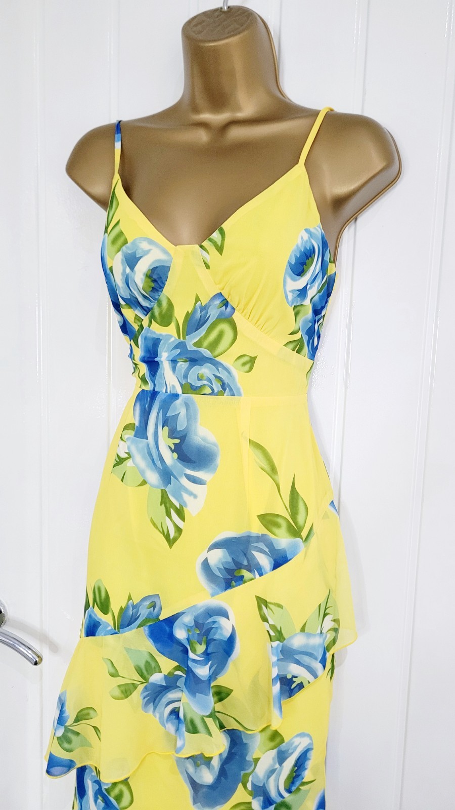 Quiz size 8 yellow blue floral chiffon flippy frill summer Midi dress holiday