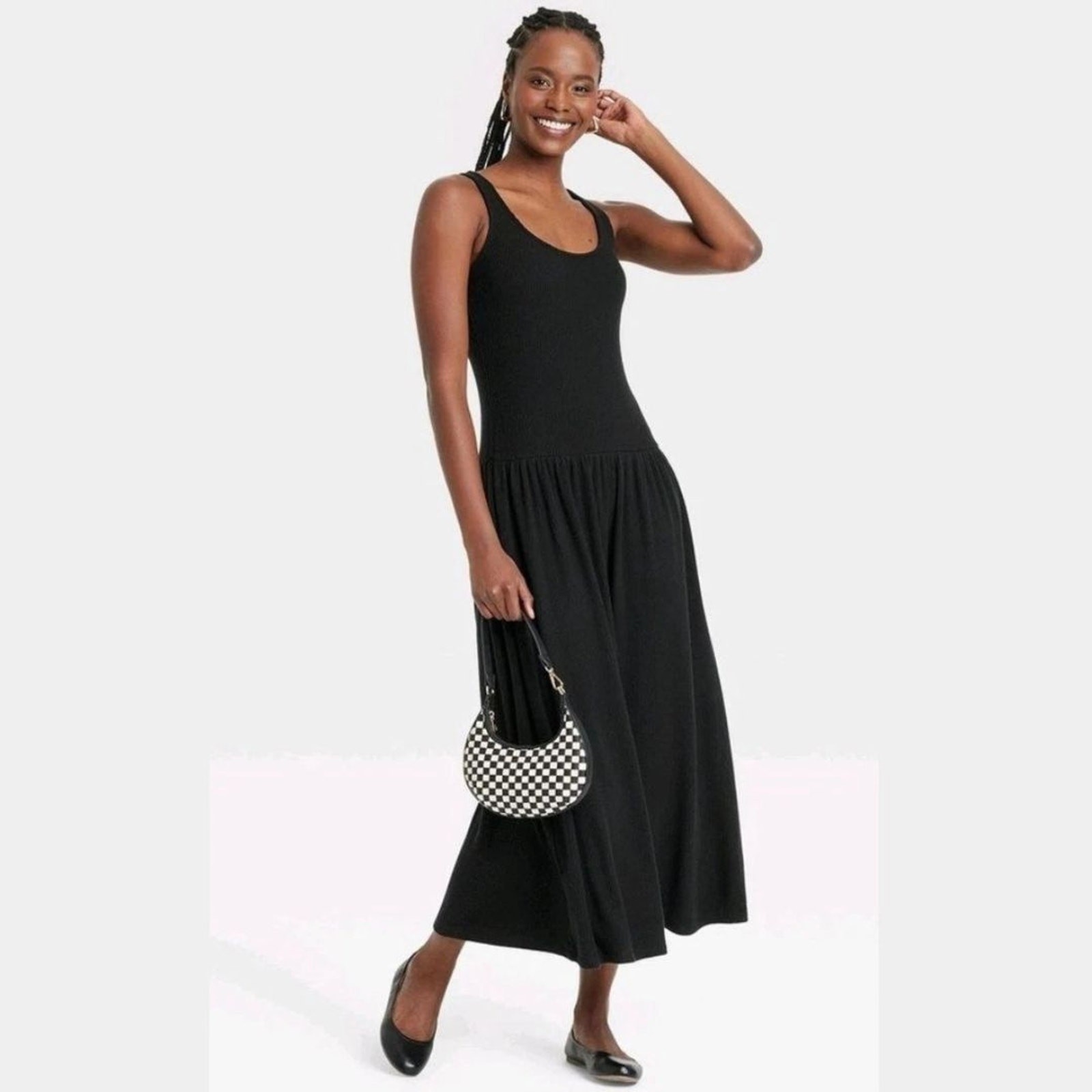 Universal Thread Women’s Ribbed Drop Waist Knit Midi Slip Dress Black Size XL