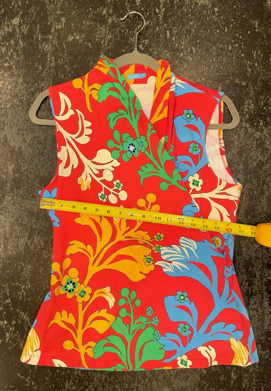 J. McLaughlin XL Sleeveless Faux Wrap Top Red Multicolor Floral Stretch Jersey