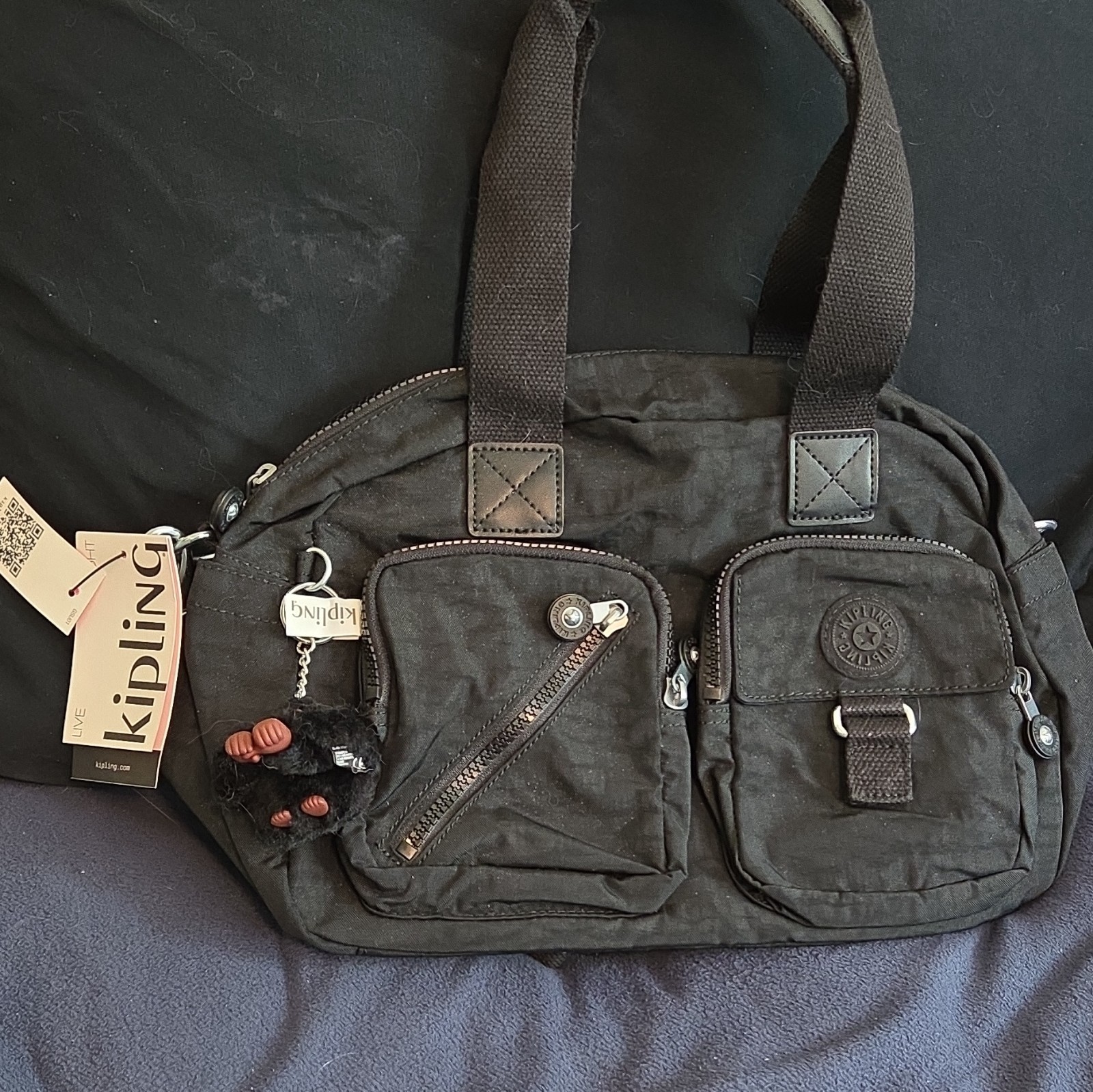 Kipling Black Tonal Satchel Top Handle Zip Lined Pockets Monkey Keychain