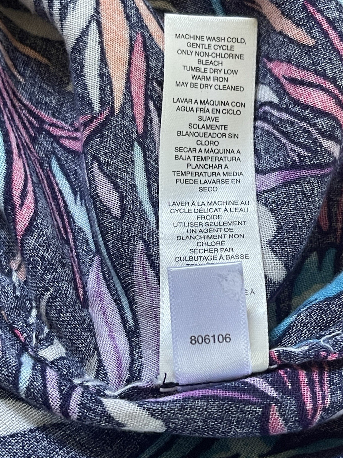 Chicos Cotton Navy Blue &Leaves Print Blouse Crochet Trim Drawstring Tassel Sz 1