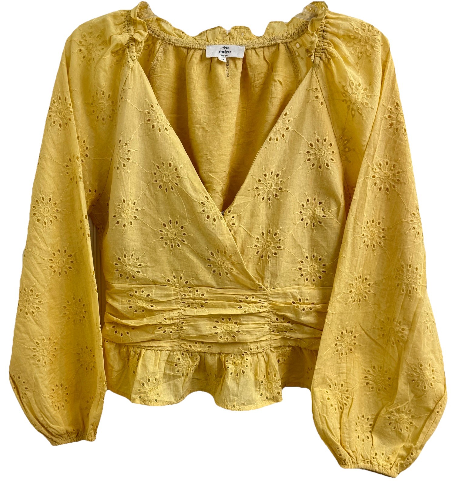 Entro BOHO Yellow Eyelet Crop Top V-Neck Puff Sleeves Lightweight Cottagecore(M)