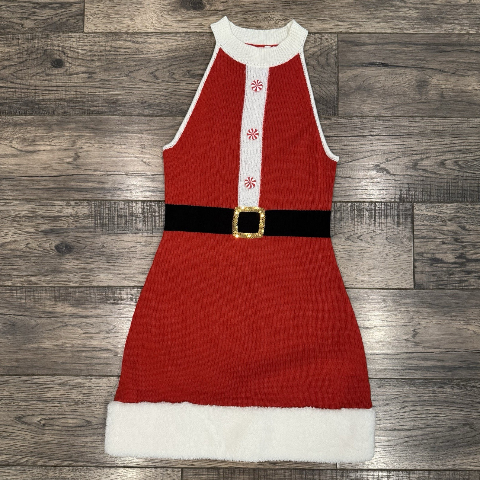 Santa Dress Women L NWOT Faux Fur Trim Gold Sequin Buckle Candycane Buttons