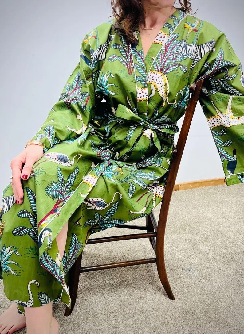 Green Tiger Cotton Robe Long Kimono Indian Sleepwear Night Suit Kimono Robes US