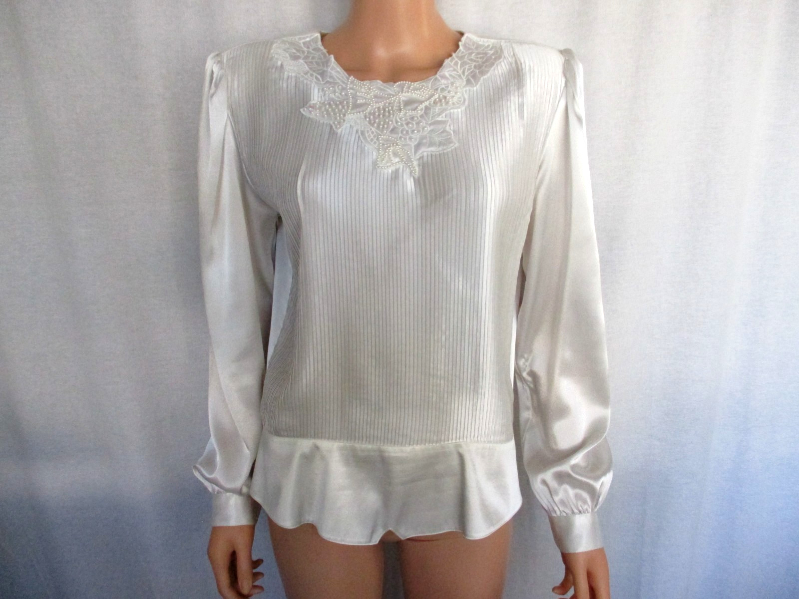 Vintage Nicola Blouse Size 14 White Pleated Front Beaded Neckline Polyester