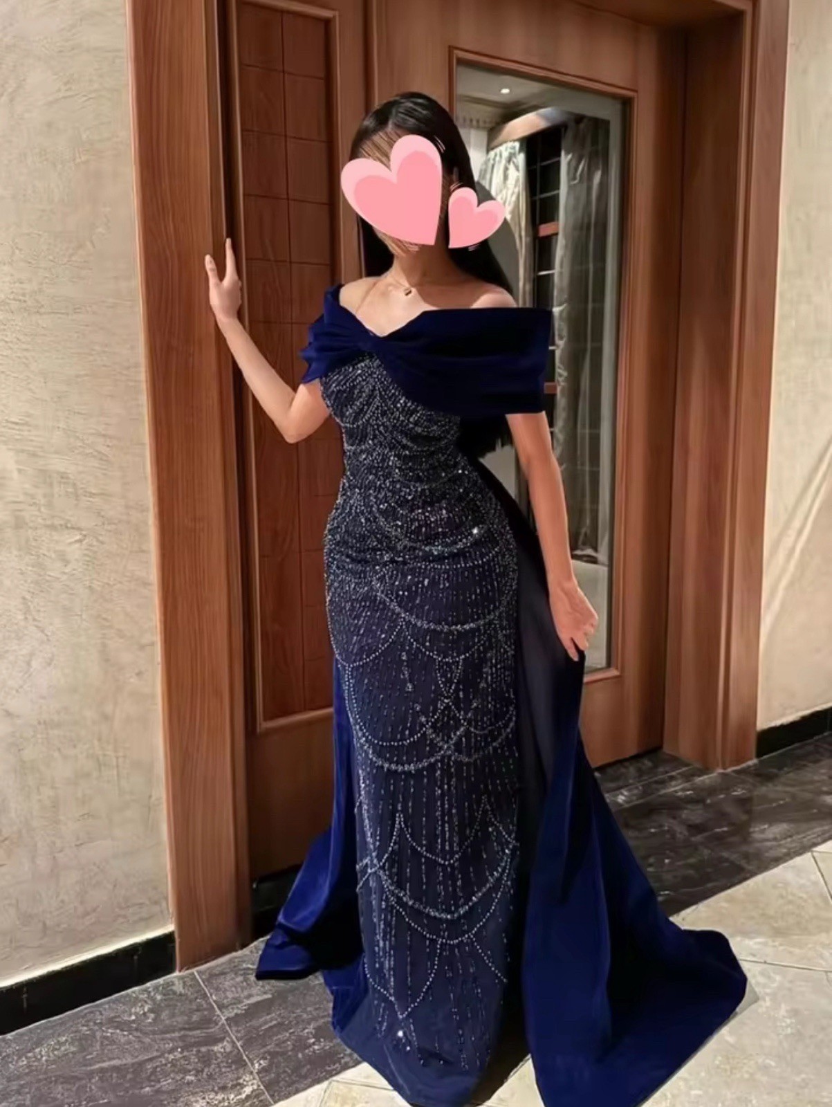 Women’s Blue Off-Shoulder Beaded Sequin Formal Long Gown Dress Size M