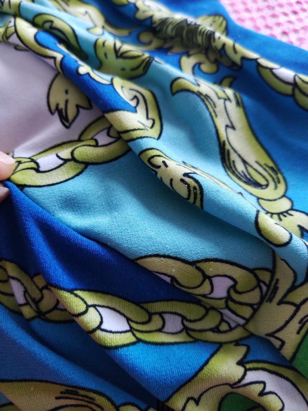 L, Arden B, Blue Green​ White​ Chain Paisley Pattern Strapless Ruched Mini Dress