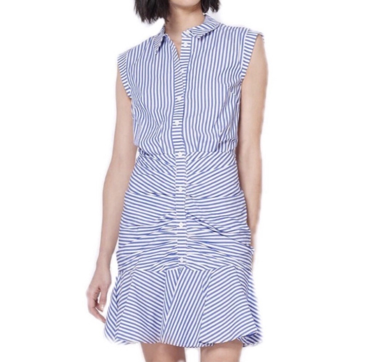 Veronica Beard Bell Button-down Ruched Blue White Sleeveless Shirt Dress Size 4