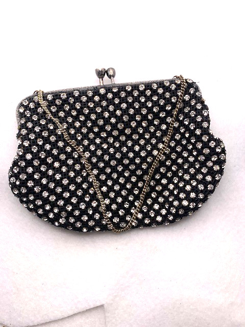 vintage sixties rhinestone evening bag with sterling silver frame on mesh back