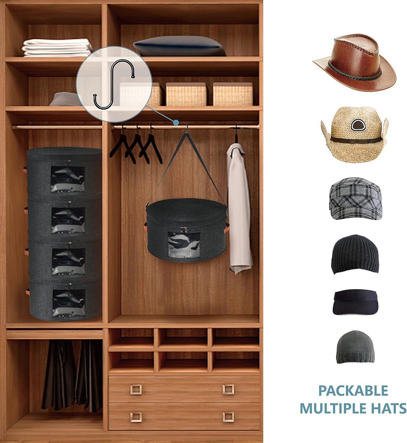 Cowboy Straw Hat Storage Box Stackable Round Brim Hats Travel Organizer Toy Bin