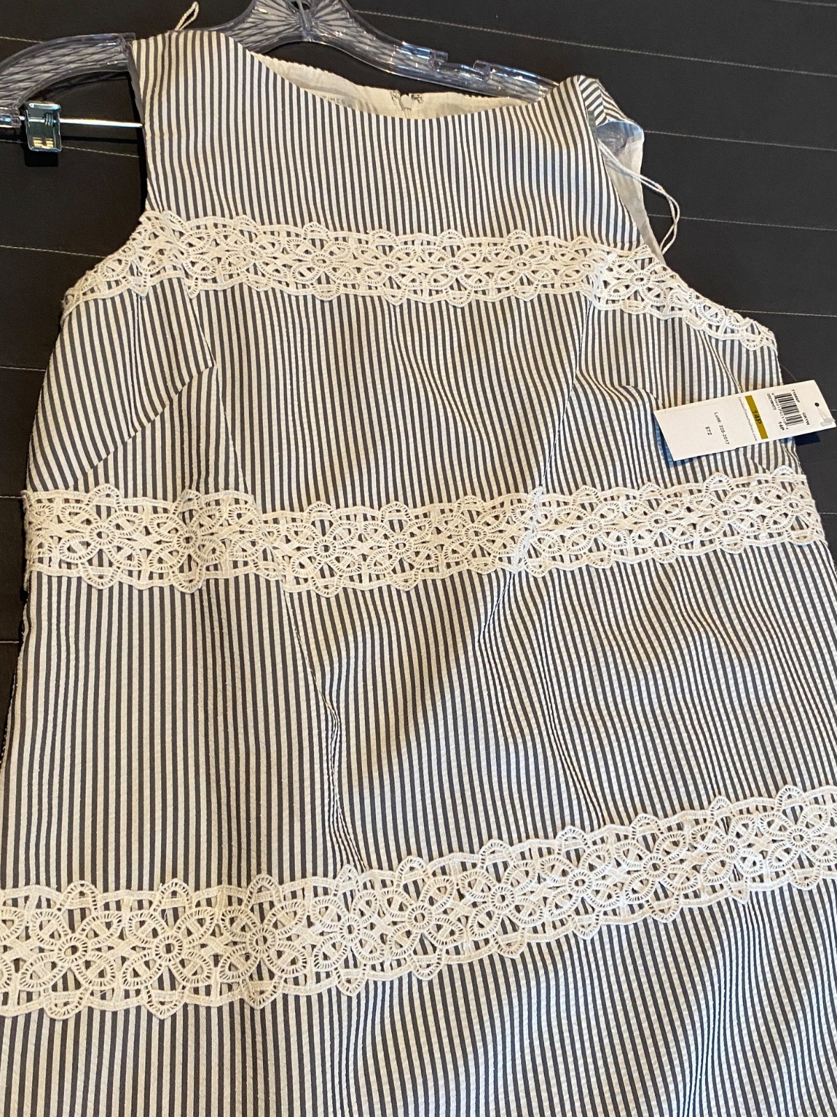 London Times Petites 14P Gray White Striped Lace Sleeveless Dress NWT $72