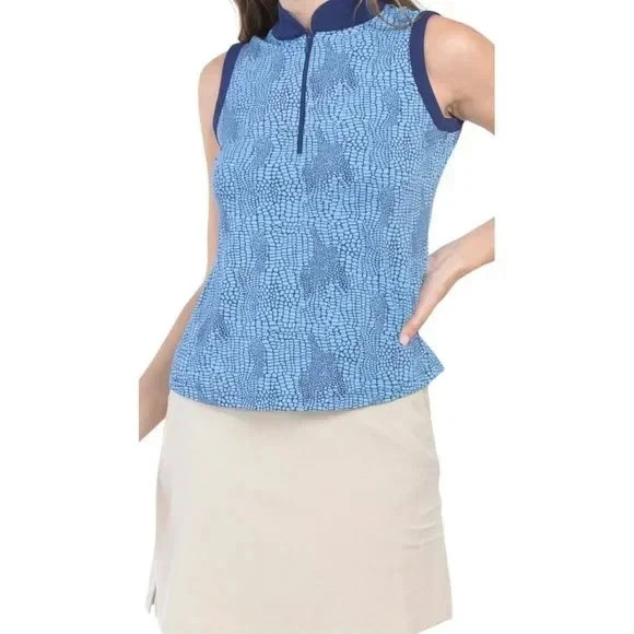 IBKUL Polo Top Size S XL Blue Snake Sleeveless Zip Ladies Golf Tennis NEW