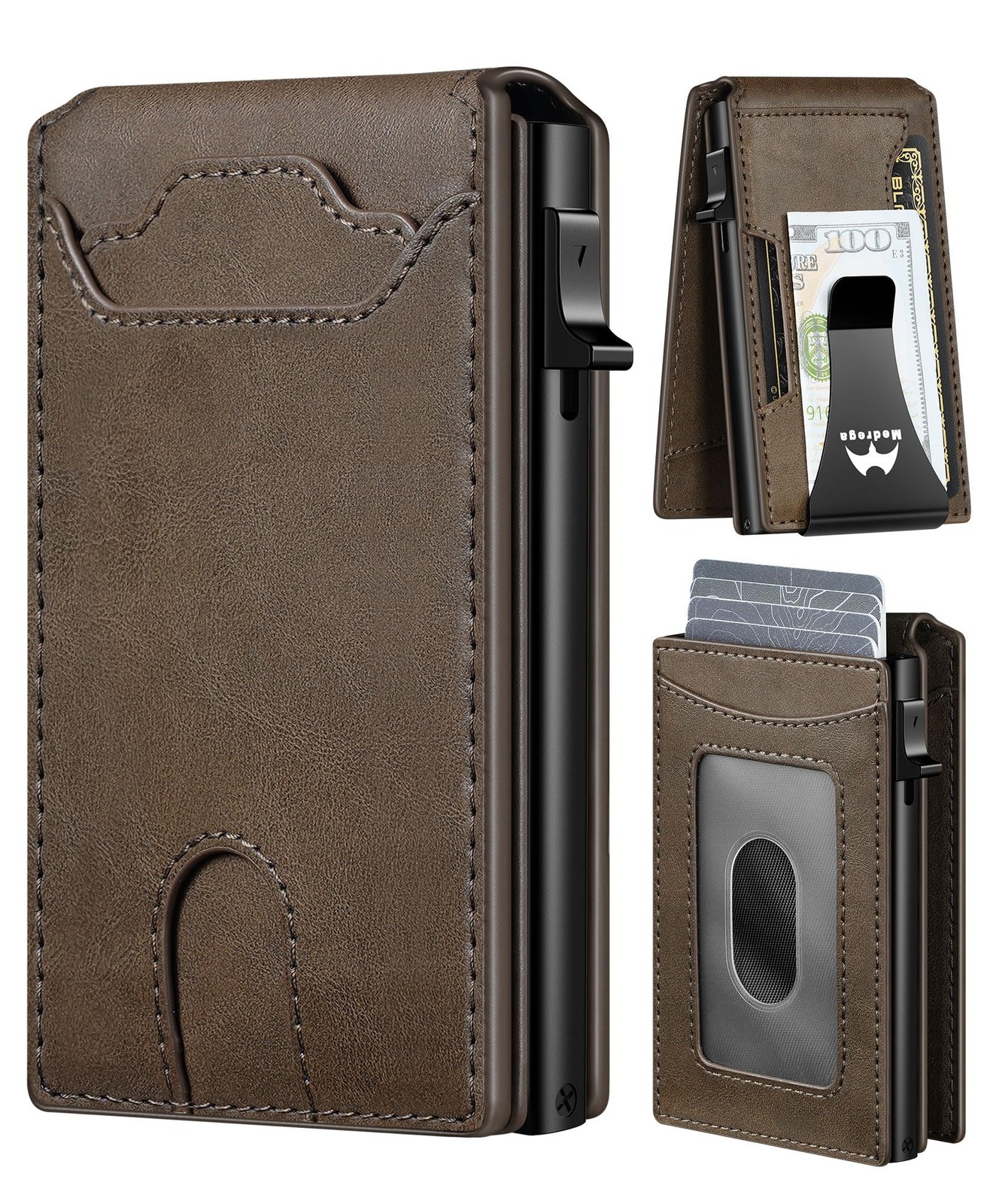Mens Slim Wallet Pop Up Card Holder RFID Blocking Aluminum Leather Money Clip