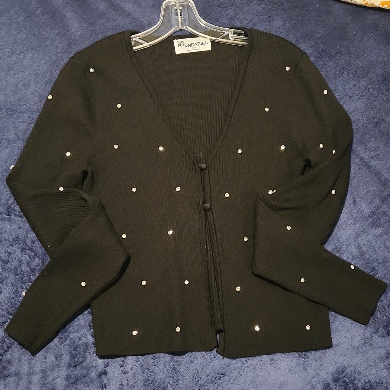 No Boundaries Black V-Neck Button-Front Rhinestone Knit Cardigan Sweater L