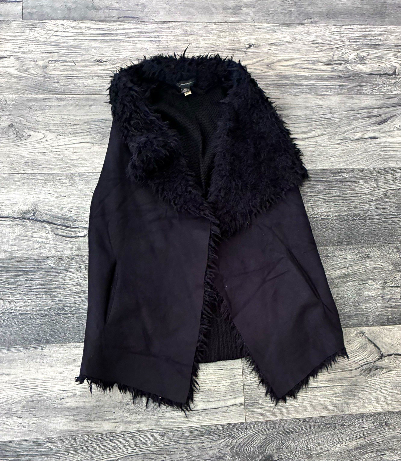 INC International Concepts Black Open Front Faux Fur Trim Jacket M/L