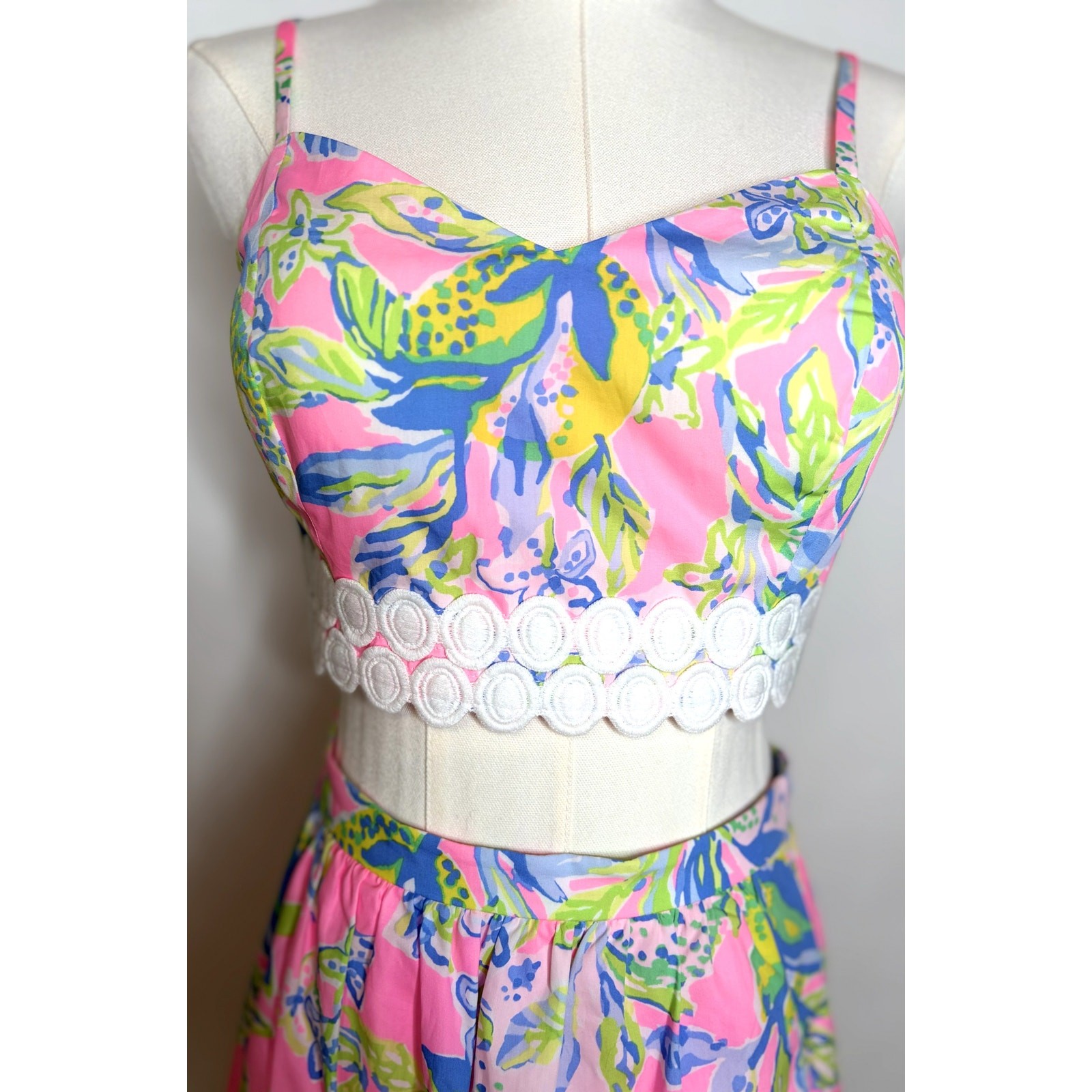 Lilly Pulitzer Pink Tropical Print Two-Piece Crop Top & Midi Skirt Set NWT