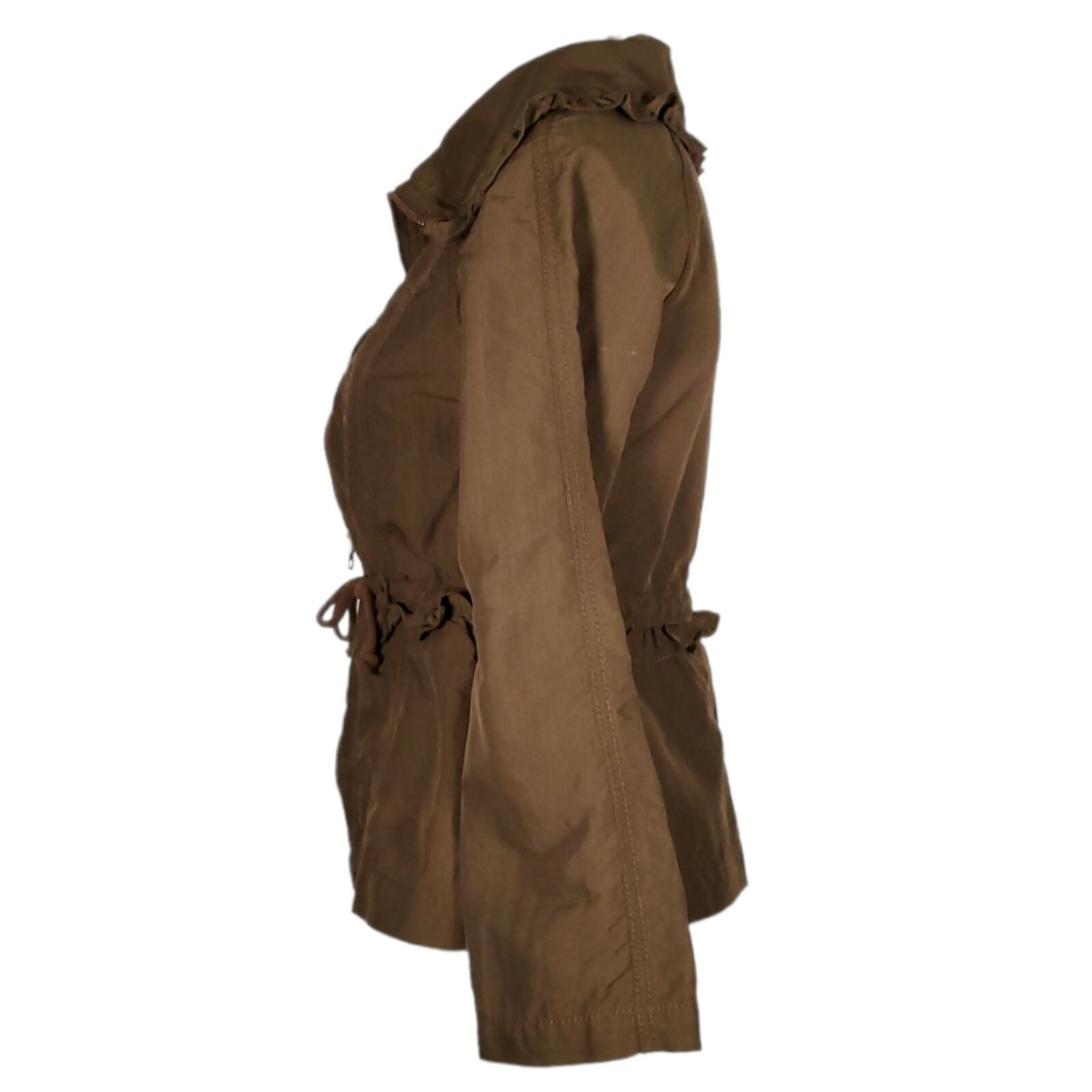 LOFT Bomber Jacket Coat Olive Green Army Ruffle Cinched Adjustable Wasit