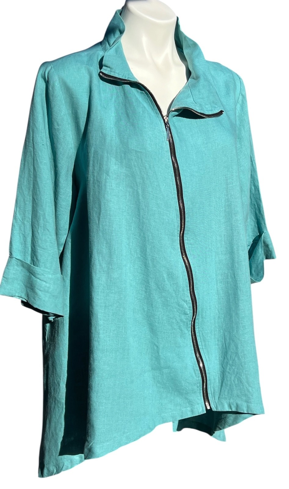 Comfy USA Turquoise Linen Tunic Asymmetrical Zip Front Sz L Jacket 3/4 Sleeve