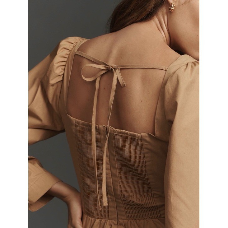 🌟 By Anthropologie Square-Neck Poplin Mini Dress Beige Long Sleeve Size Medium