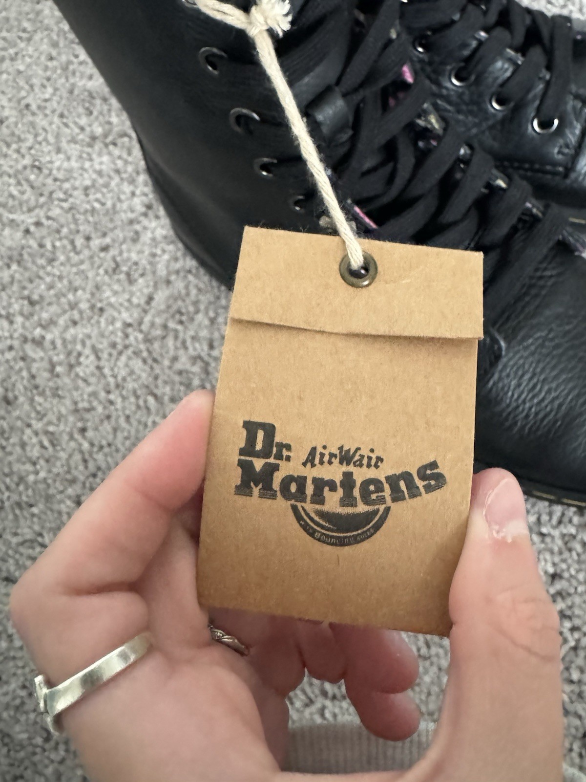 NWT DR. MARTENS Stratford Black Leather Floral Foldover Combat Boots Size 8