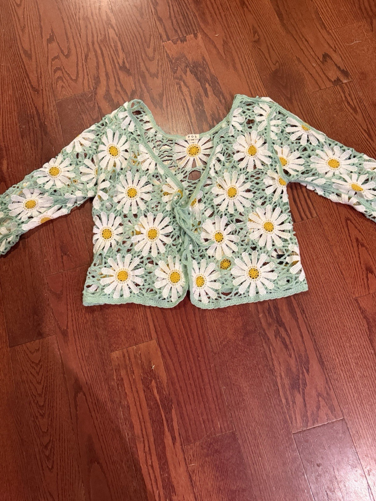 POL One Size Mint Green Crochet Open Knit Daisy Floral Tie Front V-Neck Cardigan