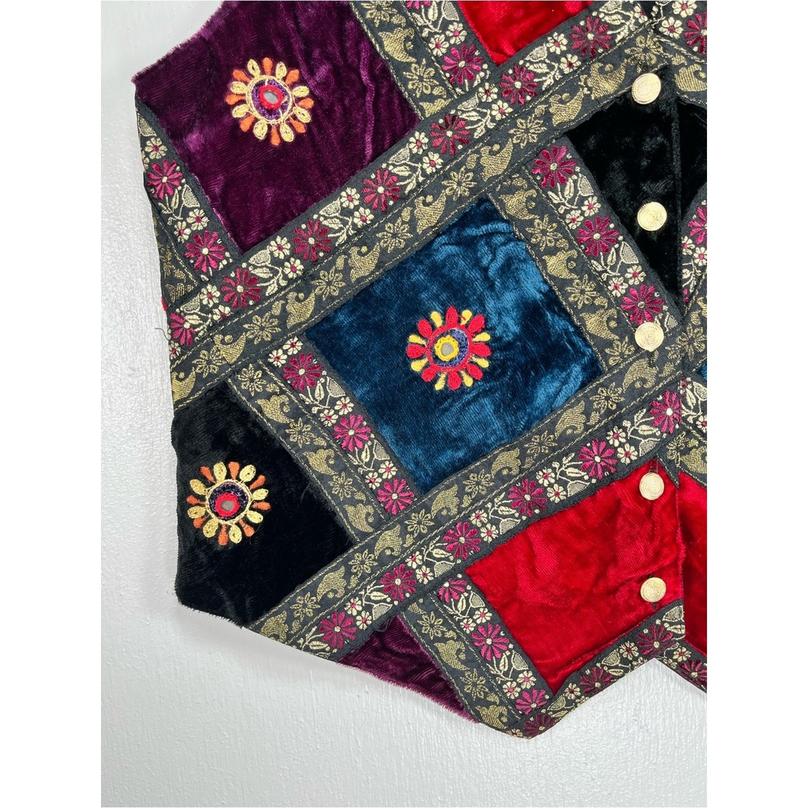 Vintage 1990s Velvet Patchwork Vest Embroidered Button-Up Medium Jewel Tones