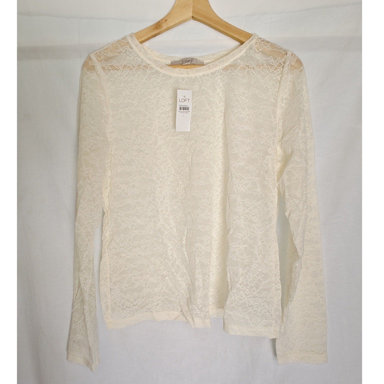 LOFT Lace Top Cream Sheer Floral Long Sleeve Crew Neck Stretch Large L New