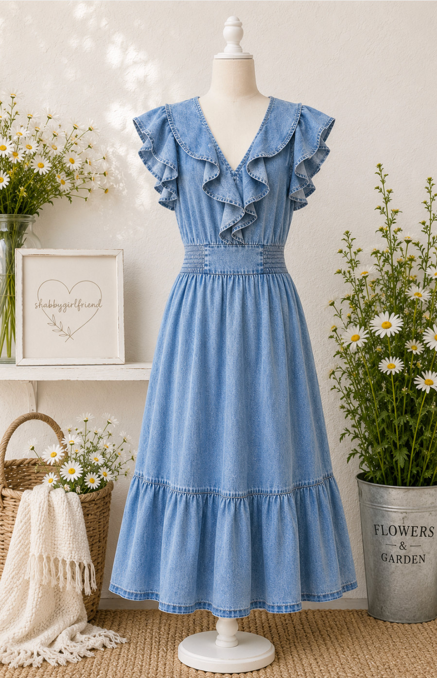 INC International Concepts Indigo Chambray Linen Blend Midi Dress Ruffle NWT 14