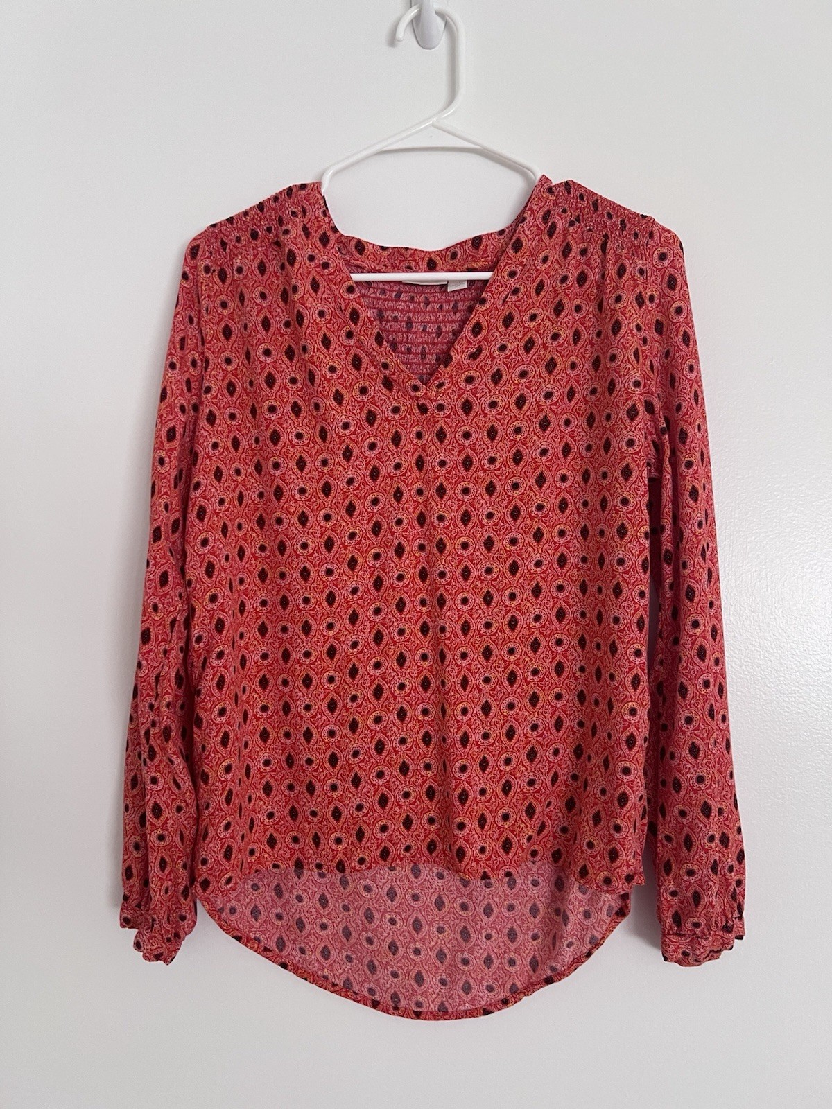 Hinge Womens Orange Peasant Boho Blouse Top Size Small Smocked Back