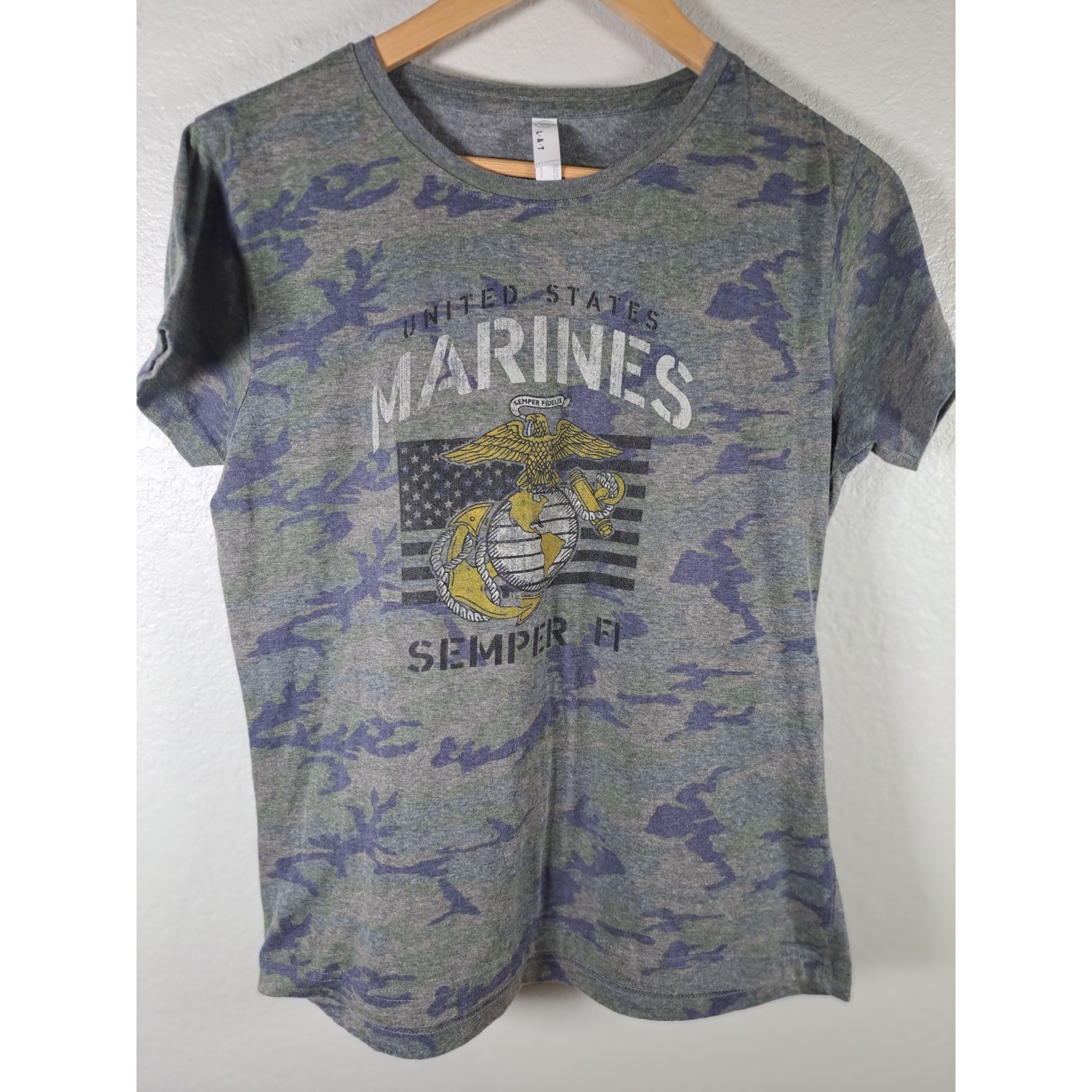 LAT Apparel US Marines Semper Fi Camo T-Shirt Ladies Large Grn Blue Graphic Tee