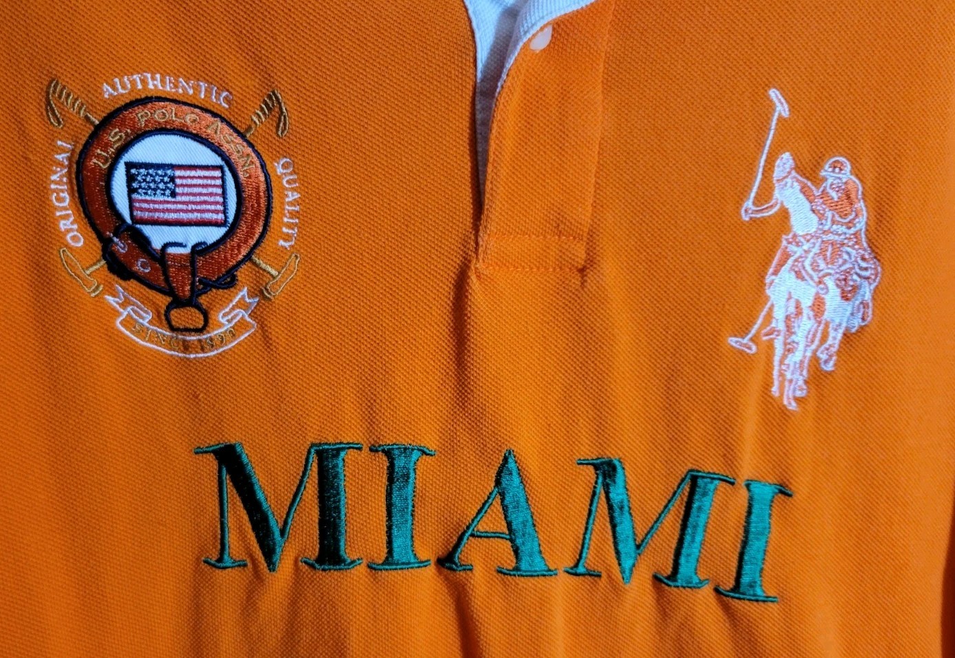 US Polo UM Miami Polo Shirt Size Large Embroidered Logo Orange Men’s #3 NCAA