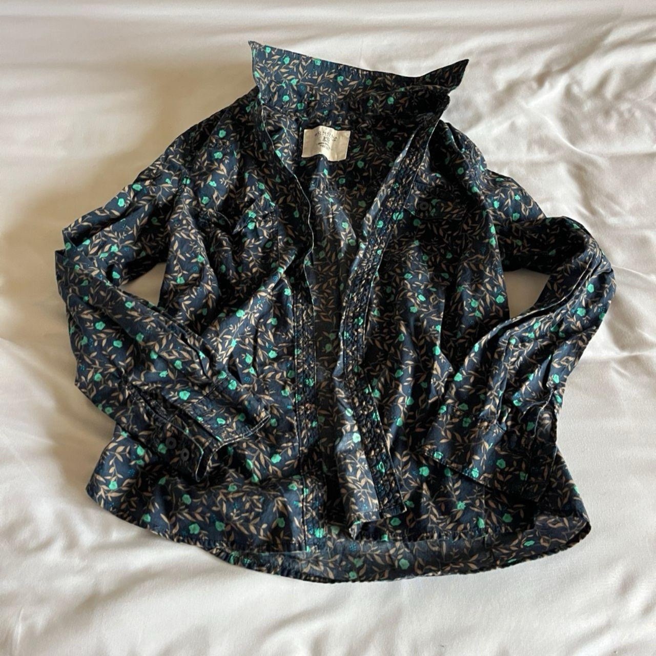 Sonoma Life + Style Size PS Navy Blue & Mint Dark Floral Cotton Button-Up Shirt