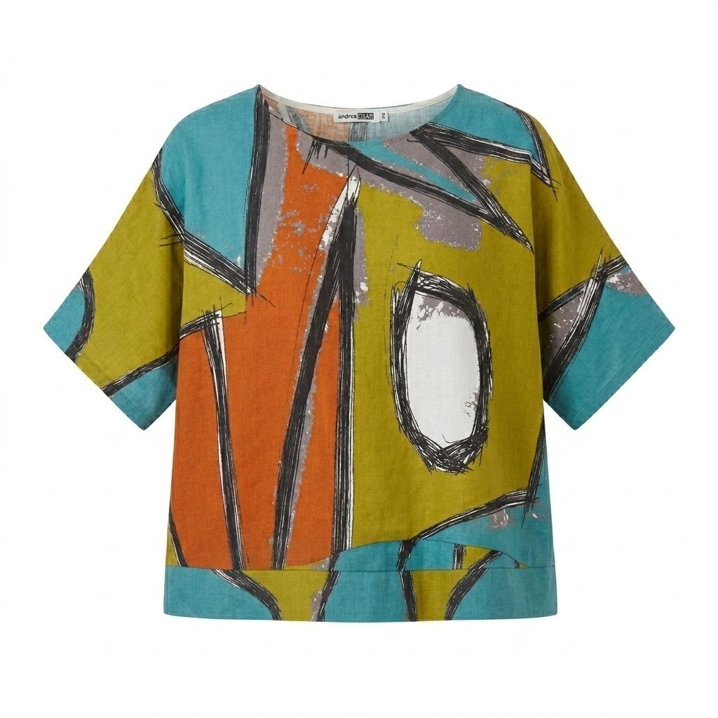 Andrea Geer Womens S/M Abstract Art Boxy Linen Blend Short Sleeve Top Blue – CJ
