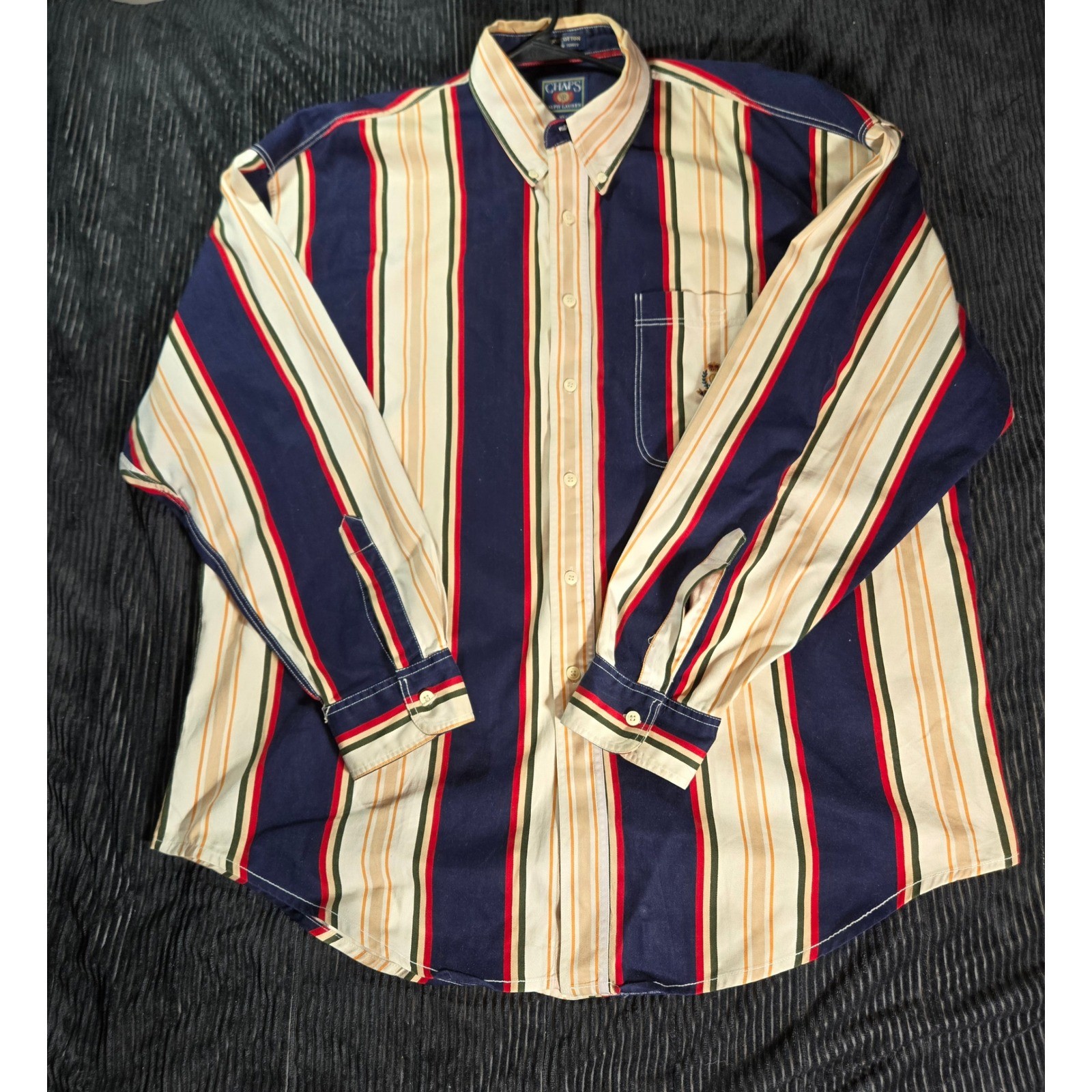 Chaps Ralph Lauren Vintage Striped Button Down Shirt Mens XL Navy Red Crest Logo