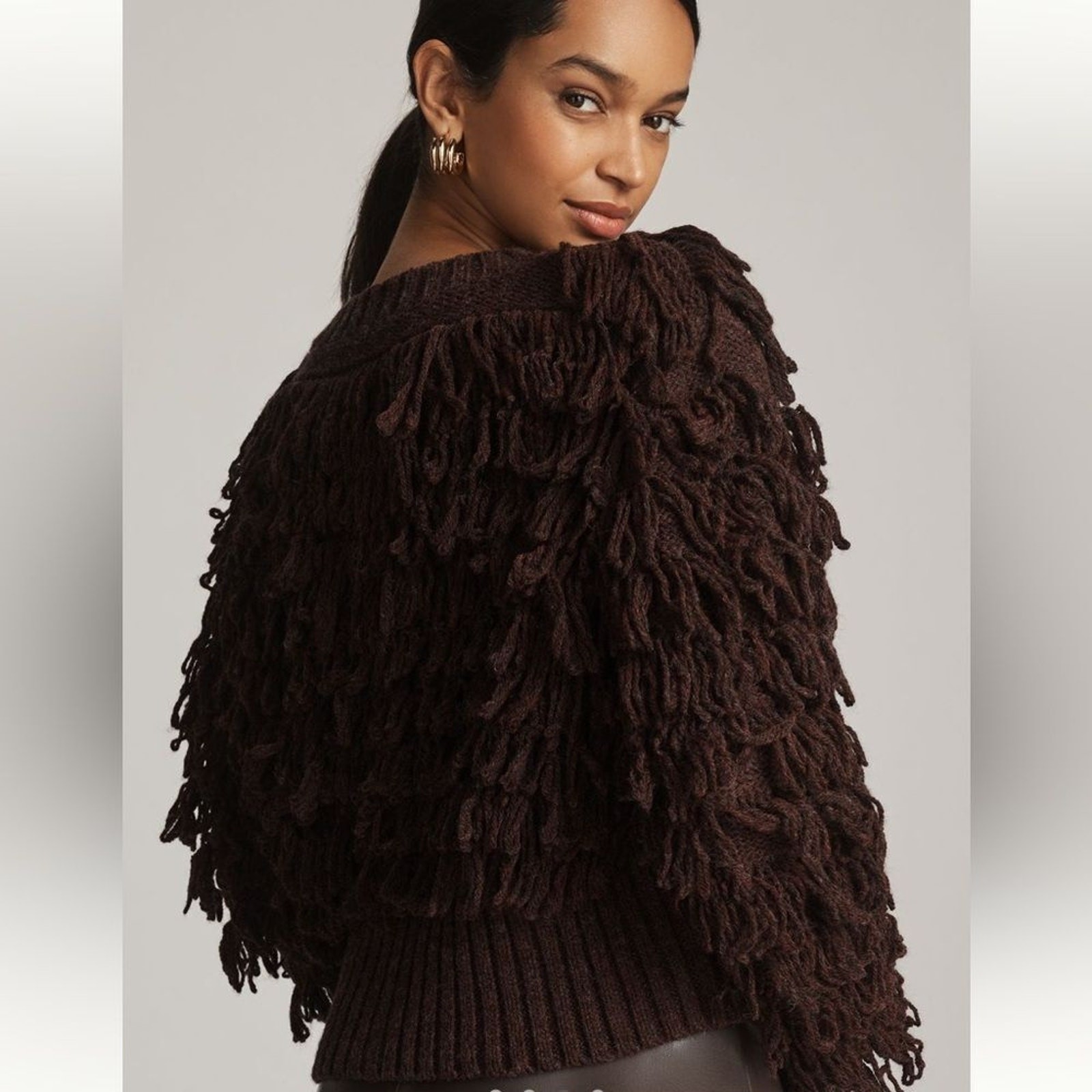 NWOT Anthropologie Loopy Fringe Cardigan Sweater in Brown Size XL & Medium